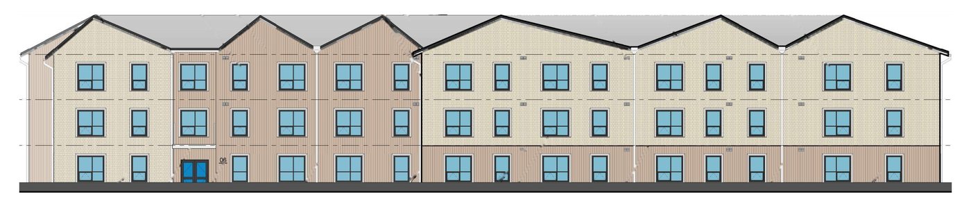 Architect's drawing of a three-story apartment building with gabled roofs, beige shingle and tan vertical siding