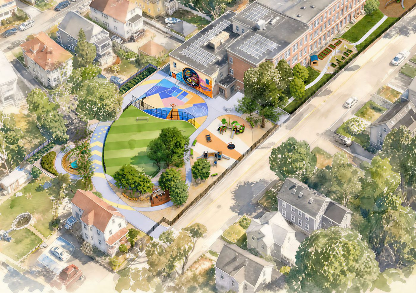 Watercolor aerial rendering of the planned Tucker School playground: a striped green field in the middle, a colorful court beside the brick school, play structures along the fenced street edge, and a path circling the site.